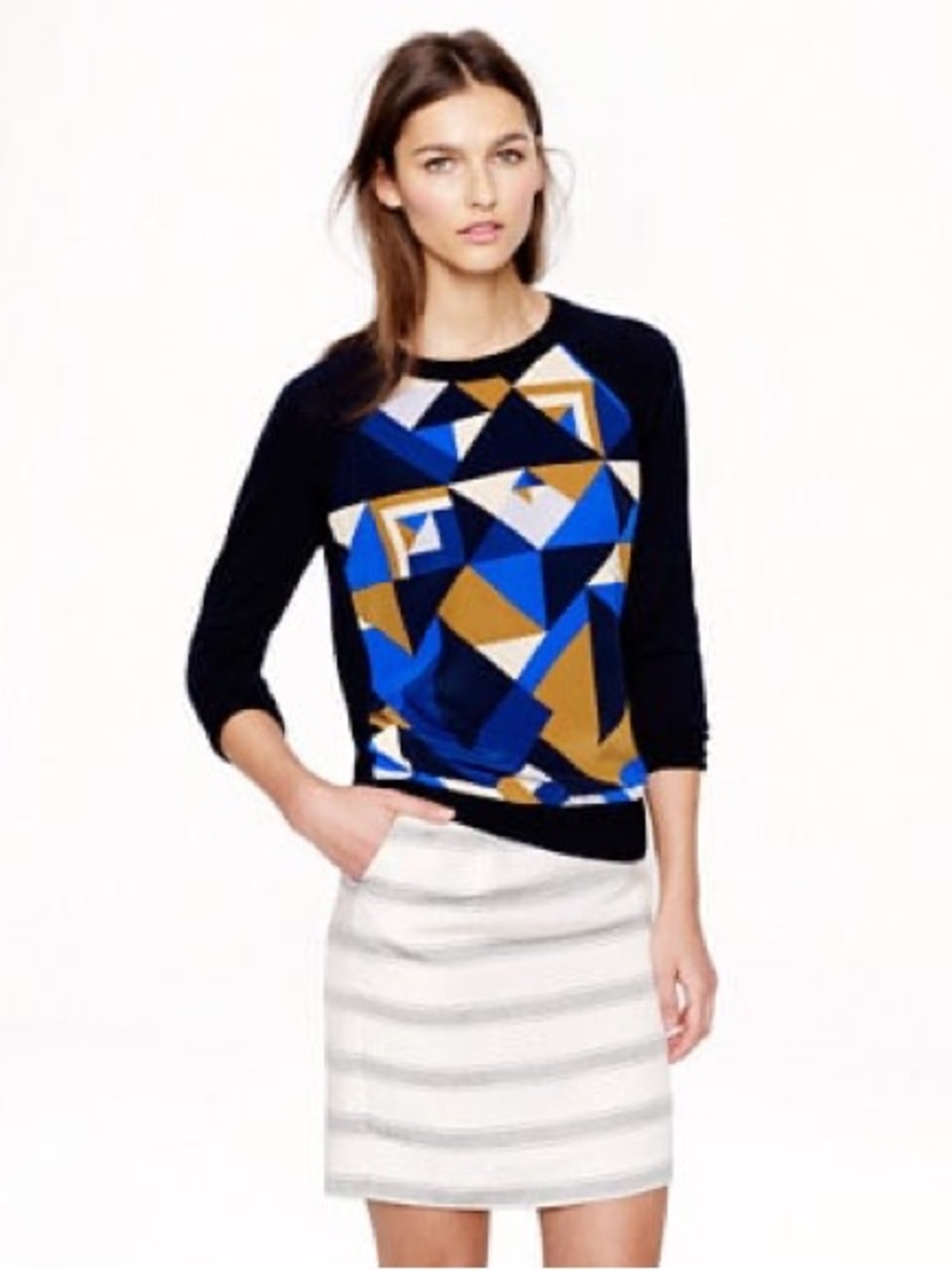 J. Crew Merino Wool Silk Panel Geometric Cubist Print 3/4 Sleeve Sweater, size M